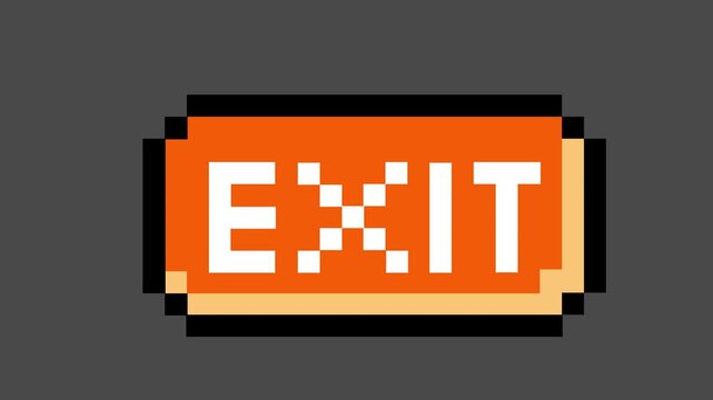 Vibrant pixelated orange exit button with white text for retro gaming interfaces, mobile app UI, or digital software design, providing a clear visual cue for users