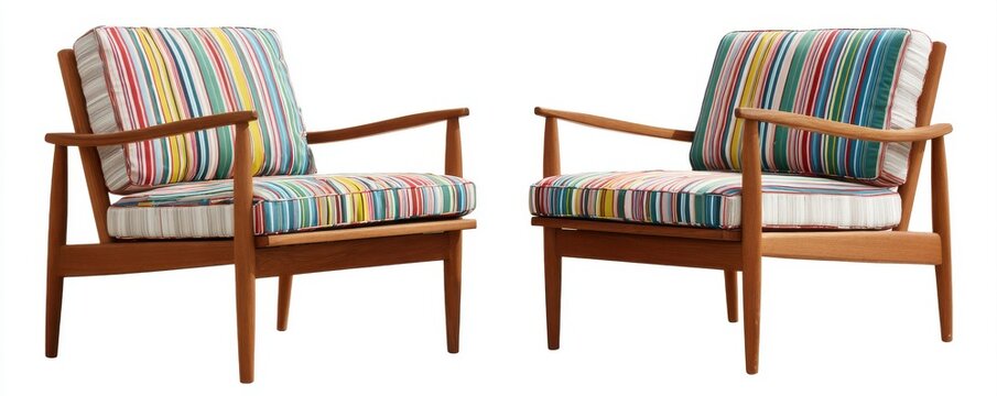 Two Mid Century Armchairs With Colorful Geometric Patterned Upholstery Against A White Background
