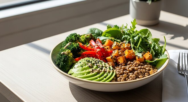 Healthy salad bowl with avocado greens and grains on a table