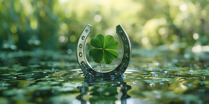 Silver horseshoe framing four leaf clover stands in nature water background conveys good luck charm with green copy space for mystical Saint Patrick day concept