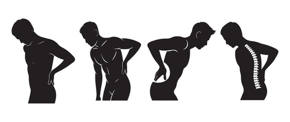 Man with back pain silhouettes, lumbar pain, spine issues, and posture problems