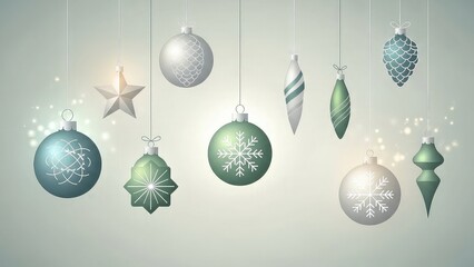 Delicate christmas ornaments hanging with soft lighting featuring spheres stars and pine cones in a festive arrangement for holiday decor and celebrations