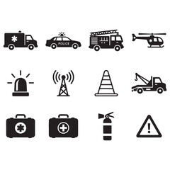 Emergency and Service Vehicle Vector Icon Set Rescue and Safety Symbols