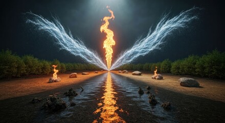 Fiery column of light, flanked by ethereal wings of mist, rises over a reflective river in a mystical landscape