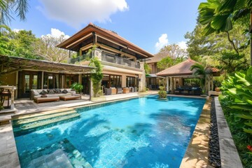 Fototapeta premium Stunning private villa with inviting pool, surrounded by lush vegetation, offering a luxurious and tranquil retreat