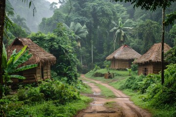 Fototapeta premium Dirt road winds through a dense, misty rainforest, leading to traditional wooden huts with thatched roofs, showcasing the untouched beauty of a tropical jungle village