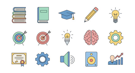 Education, Ideas, Learning, Business Icons Set: Books, Graduation Cap, Brain, Lightbulb, Target