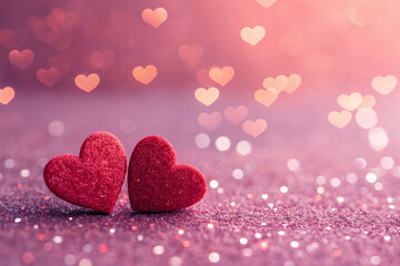 Obraz premium Romantic Red Hearts on Pink Glitter Background