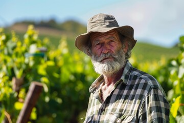 Obraz premium Portrait of a winemaker posing in his vineyard, with rows of grapes growing in the background