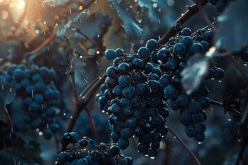 Obraz premium Bunches of ripe, dark purple grapes hang on the vine during a gentle rainfall at sunset, creating a tranquil and picturesque scene