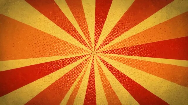 Retro Summer Vibe. Grunge orange and yellow sunburst background with halftone dots, perfect for vintage promotions or event announcements.