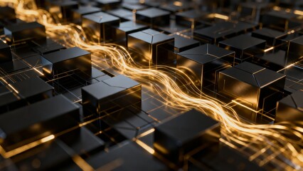 Fototapeta premium Abstract digital artwork featuring a glowing golden wave flowing over a grid of black cubes evoking themes of data streams and futuristic technology.
