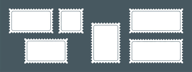 Blank rectangle and square postage stamp frames, flat design icons, mockup stamps for design and mail.