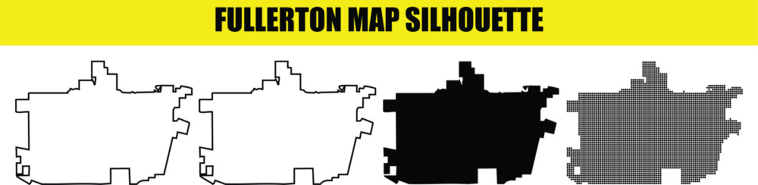Fullerton map silhouette vector pack featuring diverse artistic styles including contour lines and solid black versions