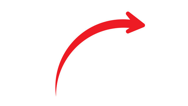 Vibrant red arrow with a curved trajectory moving upwards and to the right, on a clean white background