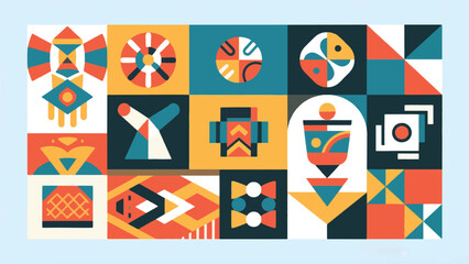 Fototapeta premium Illustration Of A Collection Of Traditional Cultural Symbols And Modern Icons In The Form Of Geometric Modules Vector Design Template