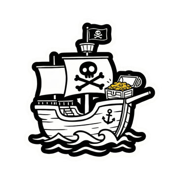 Cute Black and White Pirate Ship Sticker with Treasure Chest and Skull Flag