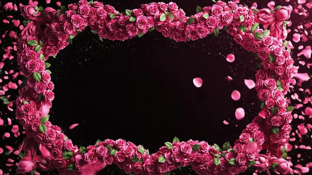 Romantic Rose Flower Frame Border with Falling Petals on Black Background