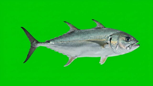 Side View Giant Trevally Fish Swimming Smoothly on Flat Green Screen Background