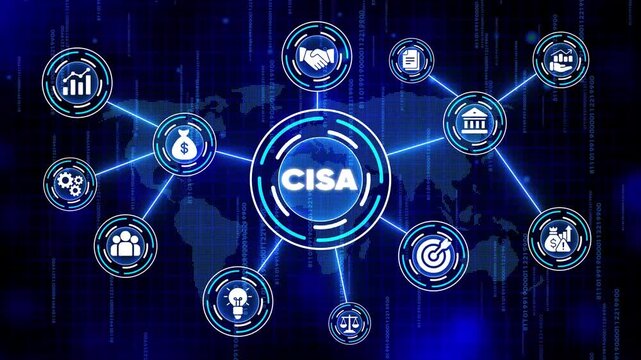 C I S A Cybersecurity Infographic with and Graphs on Dark Blue Background with Map and Binary Code CISA