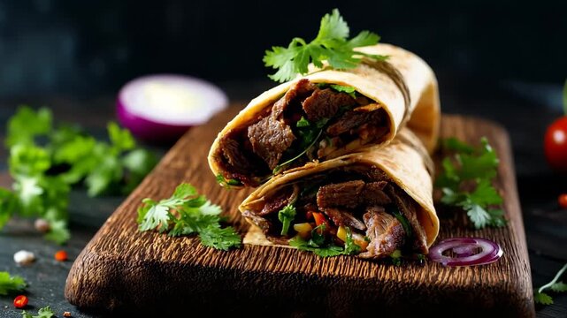 Beef burritos placed on a wooden cutting board, showcasing their savory fillings and warm tortillas.