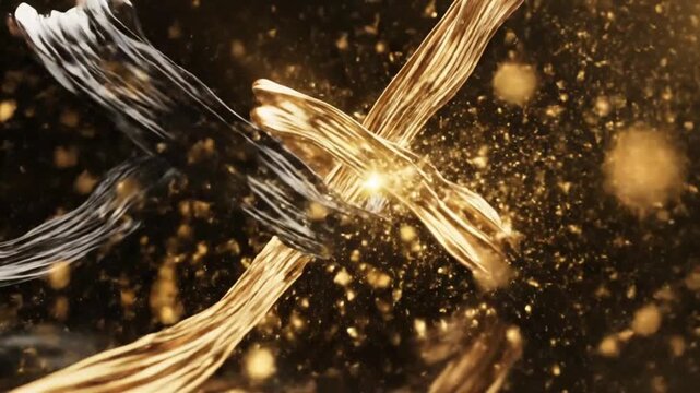 Elegant gold and black ribbons swirl with glittering particles and lens flares