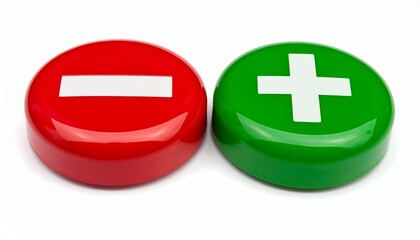 Obraz premium Two large round buttons—red with a white minus sign and green with a white plus sign—sit side by side on a neutral surface, symbolizing choice, action, and decision-making in a digital context.