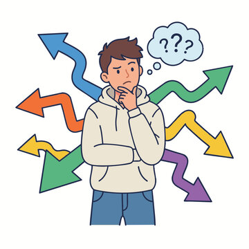 Man confused by multiple direction arrows, choice and indecision concept, flat vector illustration.

