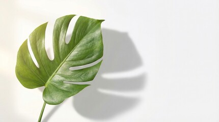 single green tropical leaf casting soft shadow on pure white background