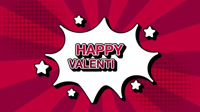 Happy valentine text word lettering popup comic cartoon reveal with bomb and smoke explosion manga anime book page dots with radial speed lines doodle pink background with seamless loop animation retr