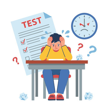 Student panicking during timed exam with test paper and angry clock, test anxiety concept, flat vector illustration.
