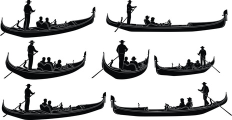 Black silhouette collection of Venice gondolas with gondoliers and tourists in various rowing poses isolated on white background vector illustration. © Shahanaj