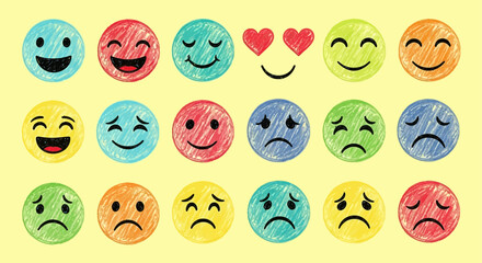 Naklejka premium crayon-drawn emoji faces a diverse emotional spectrum from joy to sadness on yellow for illustrating mental health concepts.