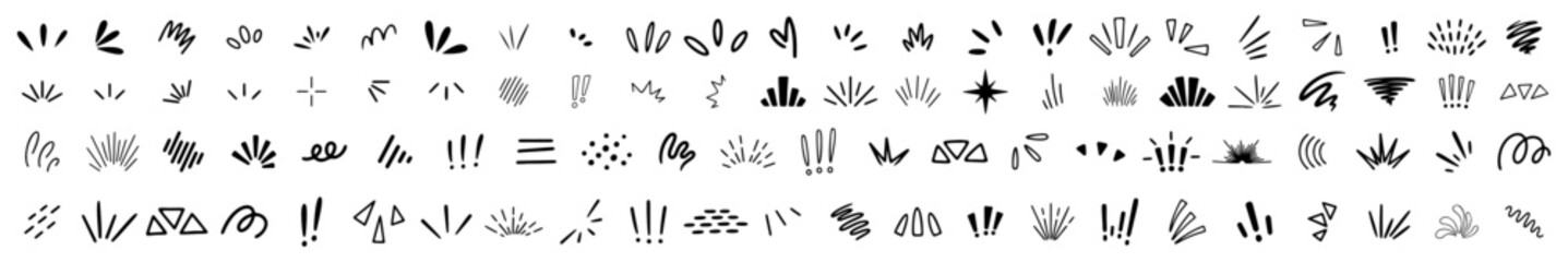 hand drawn exclamation burst collection. Explosion, sunburst, surprise, firework, shine, twinkle, confetti. Trendy bursting rays design elements © Sunil
