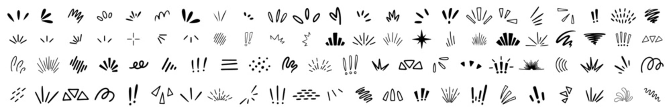 hand drawn exclamation burst collection. Explosion, sunburst, surprise, firework, shine, twinkle, confetti. Trendy bursting rays design elements