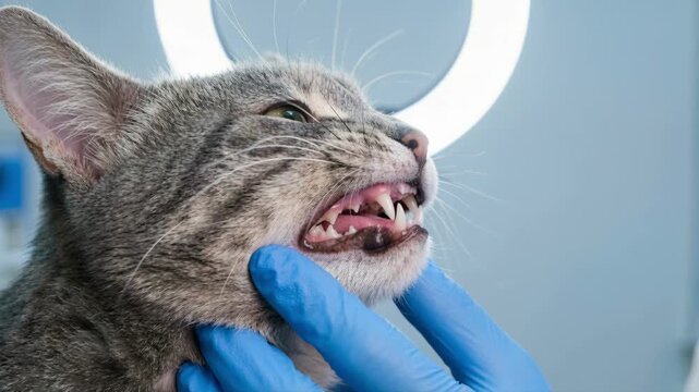 Vertical video of veterinarian checking cat teeth in a clinic. Gloved hands opening mouth of a tabby kitten for dental examination. Pet healthcare concept