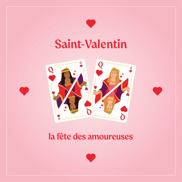 Illustration Saint-Valentin LGBT avec couple de femmes repr&eacute;sent&eacute;es par des reines de c&oelig;ur, amour et diversit&eacute;