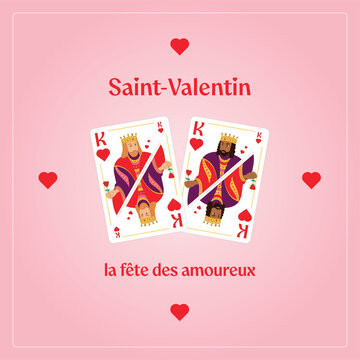 Illustration Saint-Valentin LGBT avec couple d&rsquo;hommes repr&eacute;sent&eacute;s par des rois de c&oelig;ur, amour et diversit&eacute;