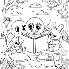 The Woodland Reading Circle: A charming illustration depicts a turtle family and a bunny, engrossed in a shared story time, creating a scene of cozy togetherness and imaginative learning. 