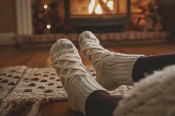 Naklejka premium Woman wearing warm knitted socks relaxing by the fireplace on a cozy winter evening at home