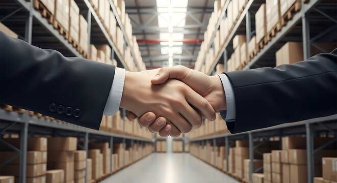 Global Supply Chain Success Handshake Partnership Deal in Warehouse Logistics and Distribution Collaboration Commerce Agreement Stock Merchandise Transportation Storage