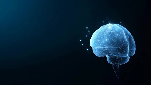 glowing blue connecting lines and dots on dark navy background, artificial intelligence and neural network concept, side profile brain facing right