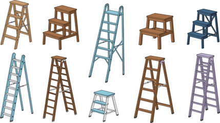 Professional Stepladder and Folding Ladder Icon Set with Various Wooden and Metal Stools for Home Improvement, Construction, and Interior Maintenance Projects © MdSaddam