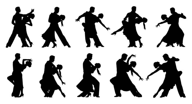 Collection of detailed black silhouettes showing couples in various elegant ballroom and latin dance poses isolated on transparent background, Vector
