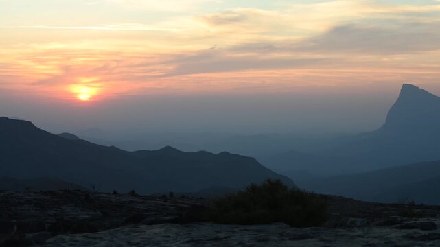 Sunset Omani Mountains at Jabal Akhdar in Al Hajar Mountains, Oman at sunset.