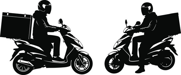 Black silhouette of food delivery courier riders on scooters with thermal backpacks isolated on a white background vector illustration set. © Shahanaj