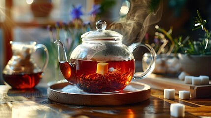 Clear glass teapot steams gently over a wooden coaster with amber tea infusing slowly.