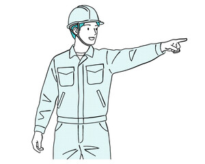 ヘルメットを着用し指示を出す作業員の人物線画｜建設, 工事現場, 作業服, 安全, 指差しポーズ