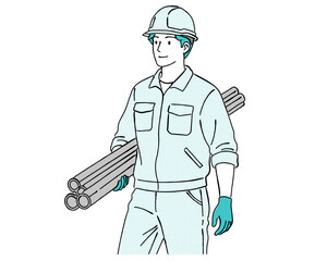 資材を運ぶヘルメット着用の作業員人物線画｜建設, 工事現場, 作業服, 安全, 運搬作業