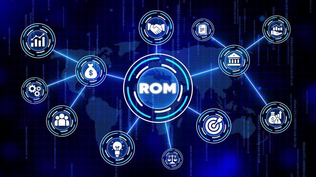 Business Technology Concept with R O M Read Only Memory and Global Network Connections on Blue Background